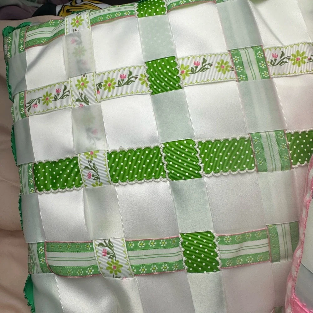 Ribbon Pillows By Marsha Lot;2 Small Fairy/Cottage Core Green & Pink Pillows NWT